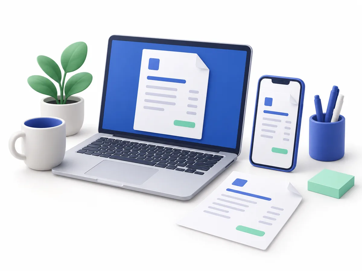 Illustration of invoices on a laptop and phone.
